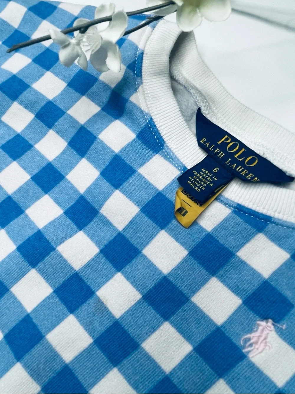 Polo by Ralph Lauren Blue & White Gingham Kids Crewneck Sweatshirt